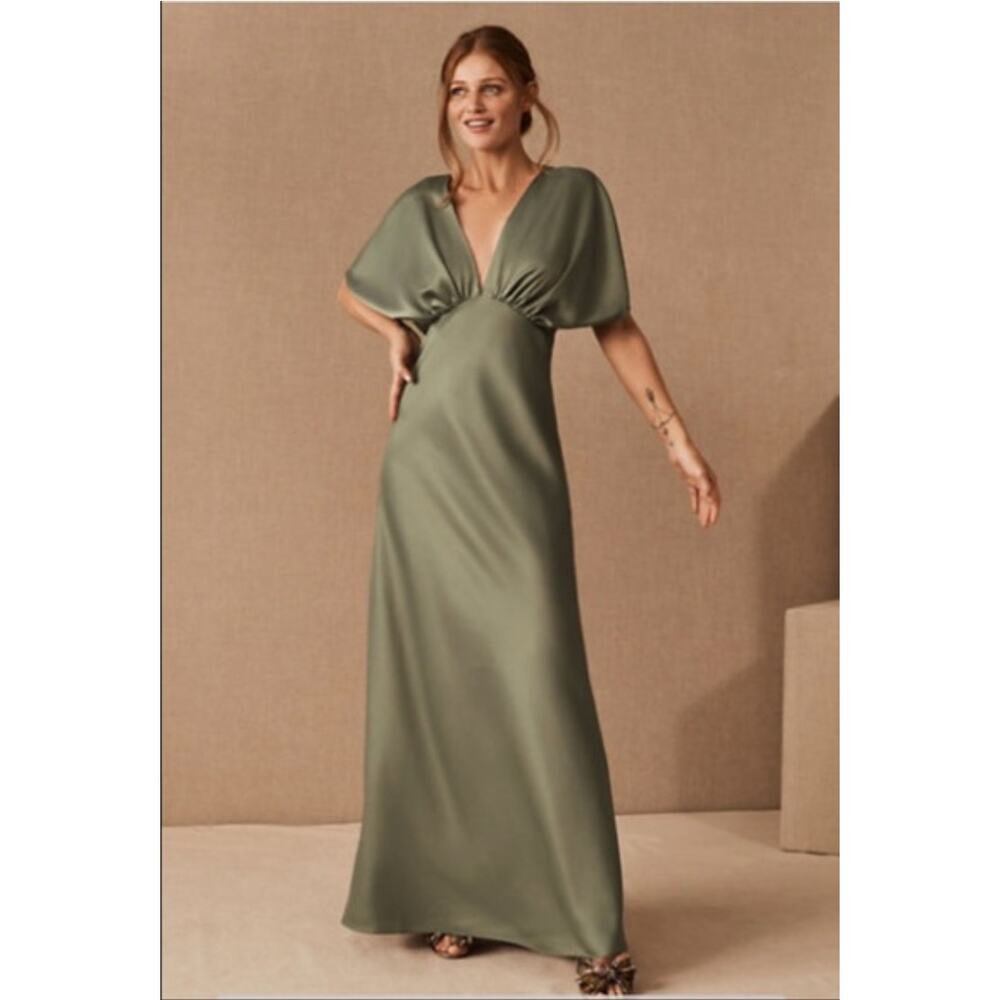 BHLDN Olive Satin V-Neck Maxi Dress